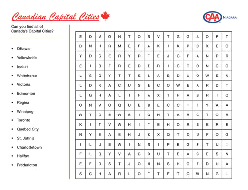 Canadian Capital Cities - Word Search