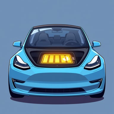 Cartoon style Tesla-like electric vehicle with rectangular battery-shaped glowing battery pack visible in the hood, illustrated sleek EV with luminous battery cell shaped like a traditional battery in front hood