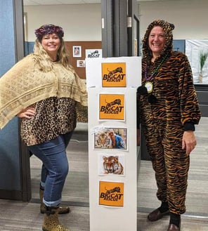 (Left) Lisa Boardman, CAA Niagara Associate Director of Travel, and (Right) Lois Sarkisian, Manager, Groups and Tours dress as characters from Tiger King for Halloween.