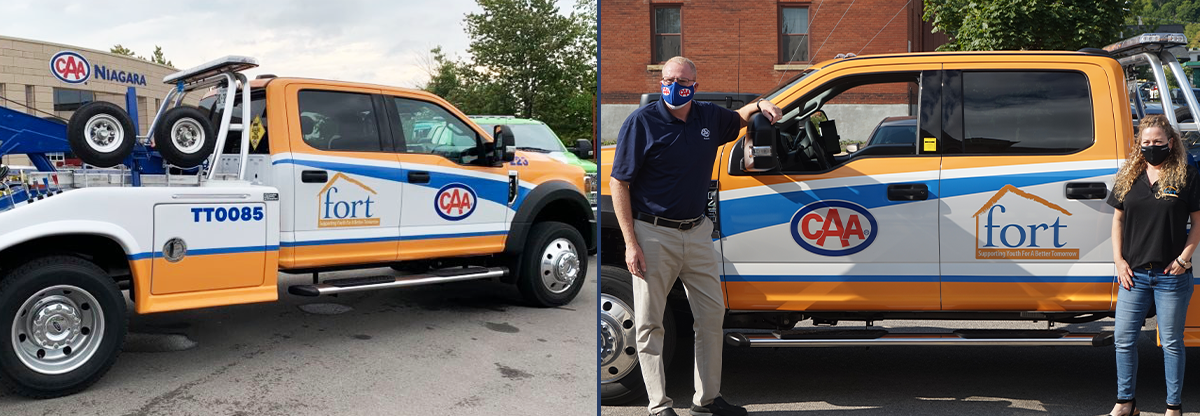 Left: CAA Niagara tow truck branded with FORT Niagara logo in front of the Thorold Branch. Right: Peter Van Hezewyk, President and CEO of CAA Niagara, and Beth Shaw, Executive Director of Foundation of Resources for Teens, at the official truck unveiling event.