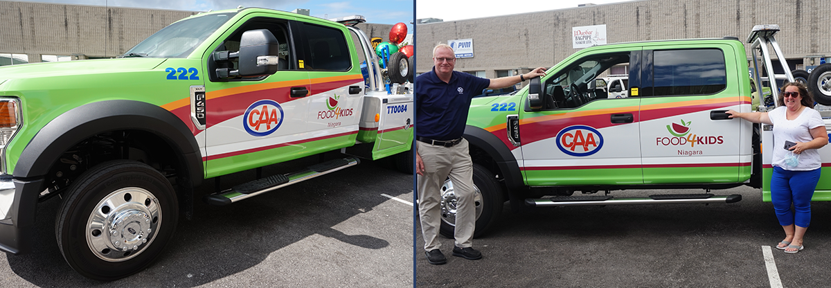 Left: CAA Niagara tow truck branded with Food4Kids Niagara logo. Right: Peter Van Hezewyk, President and CEO of CAA Niagara, and Amber Hughes, Executive Director at Food4Kids Niagara, at the official truck unveiling event.