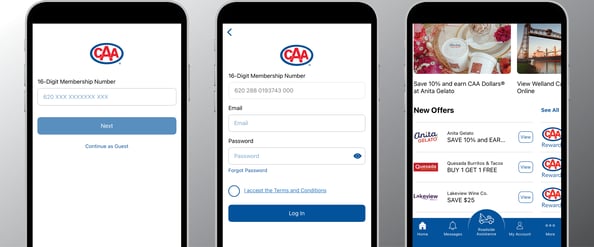 CAA Mobile App Login and Home Screens