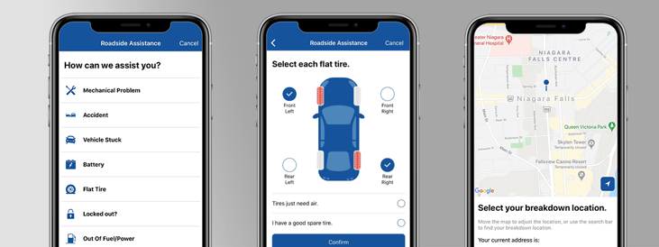 Members can request roadside assistance in the app by selecting their problem, area of the vehicle impacted, and their breakdown location.