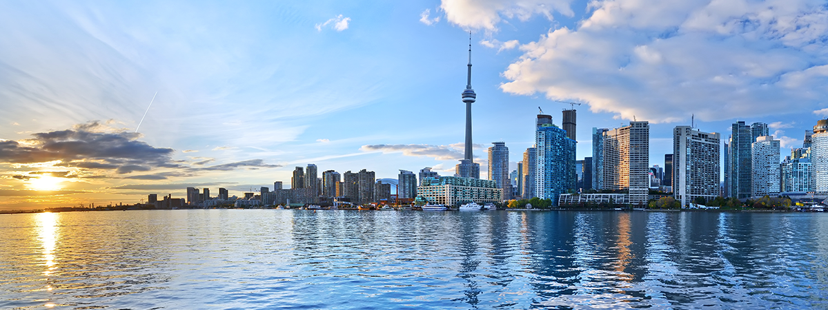 Toronto waterfront and skyline at sunset