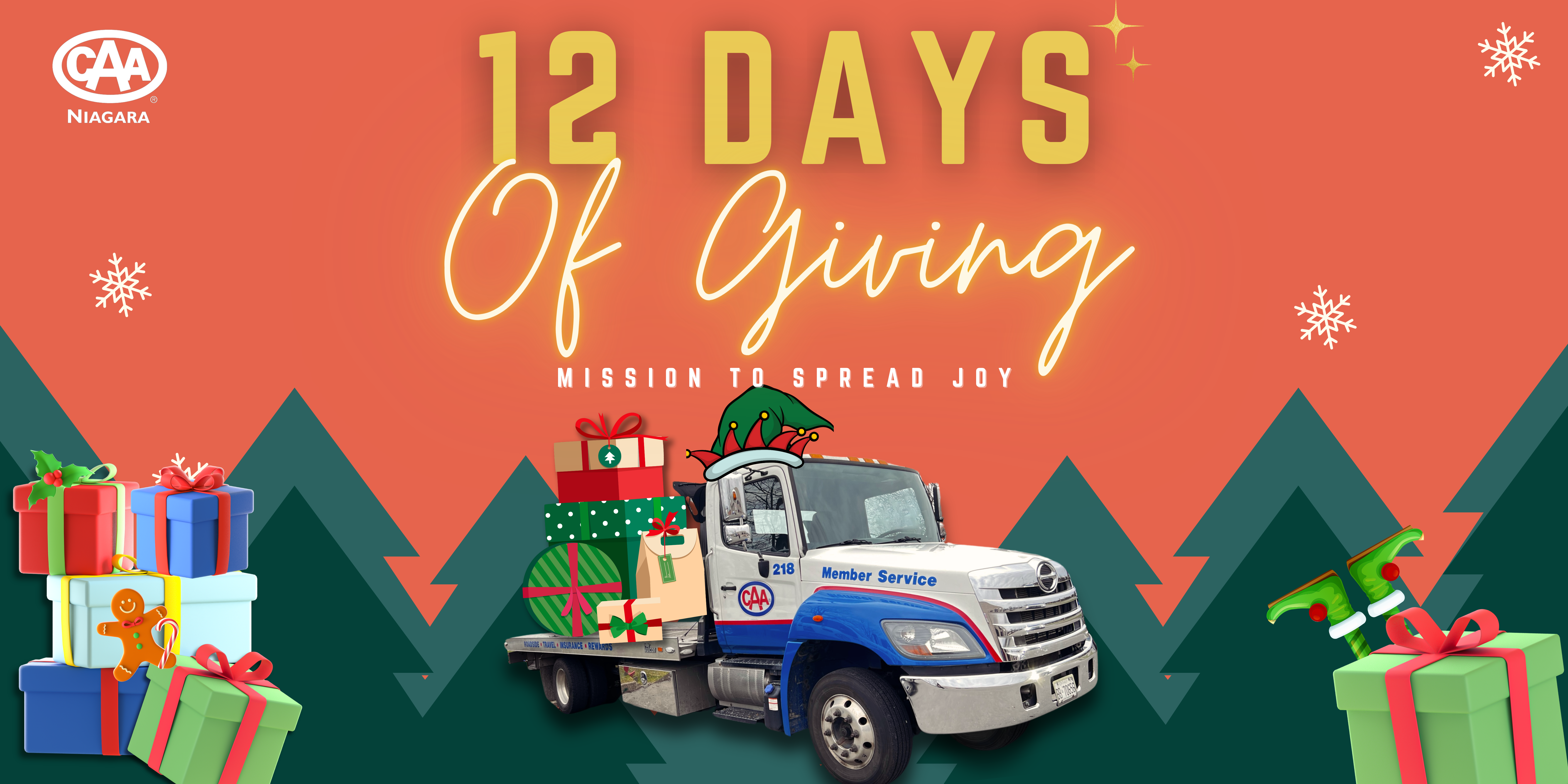 "12 Days of Giving. Mission to spread joy." is written above a CAA Tow Truck covered with presents