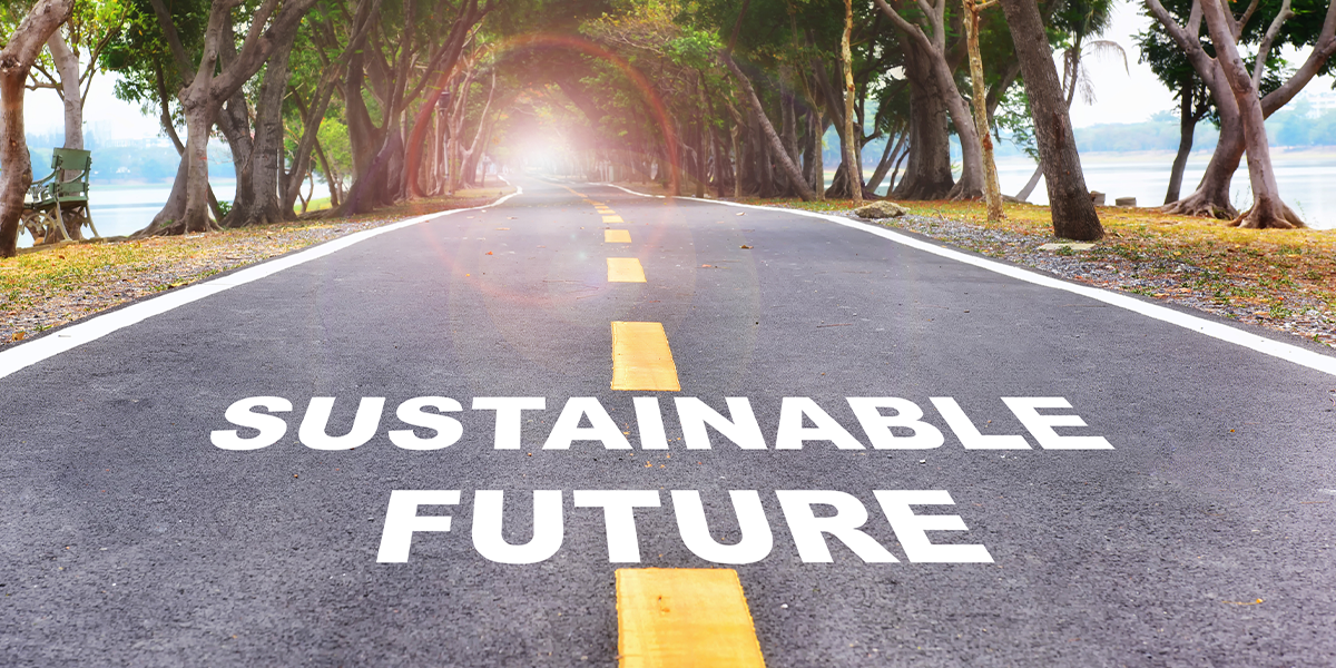 Roadway with "Sustainable Future" written on it