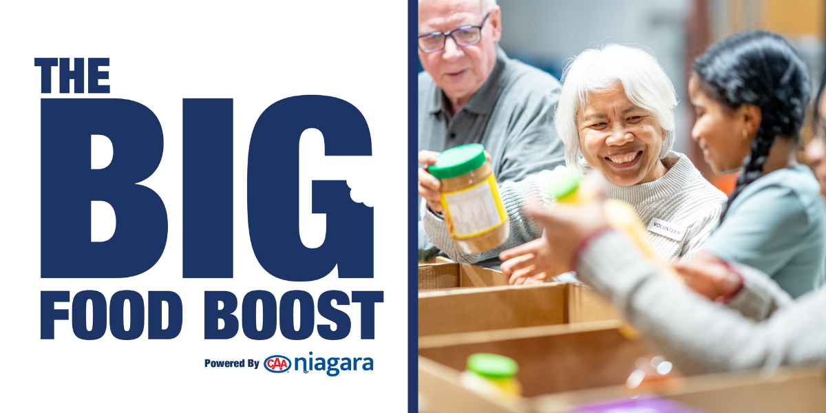 Big Food Boost logo with image of volunteers packing food at a food bank.