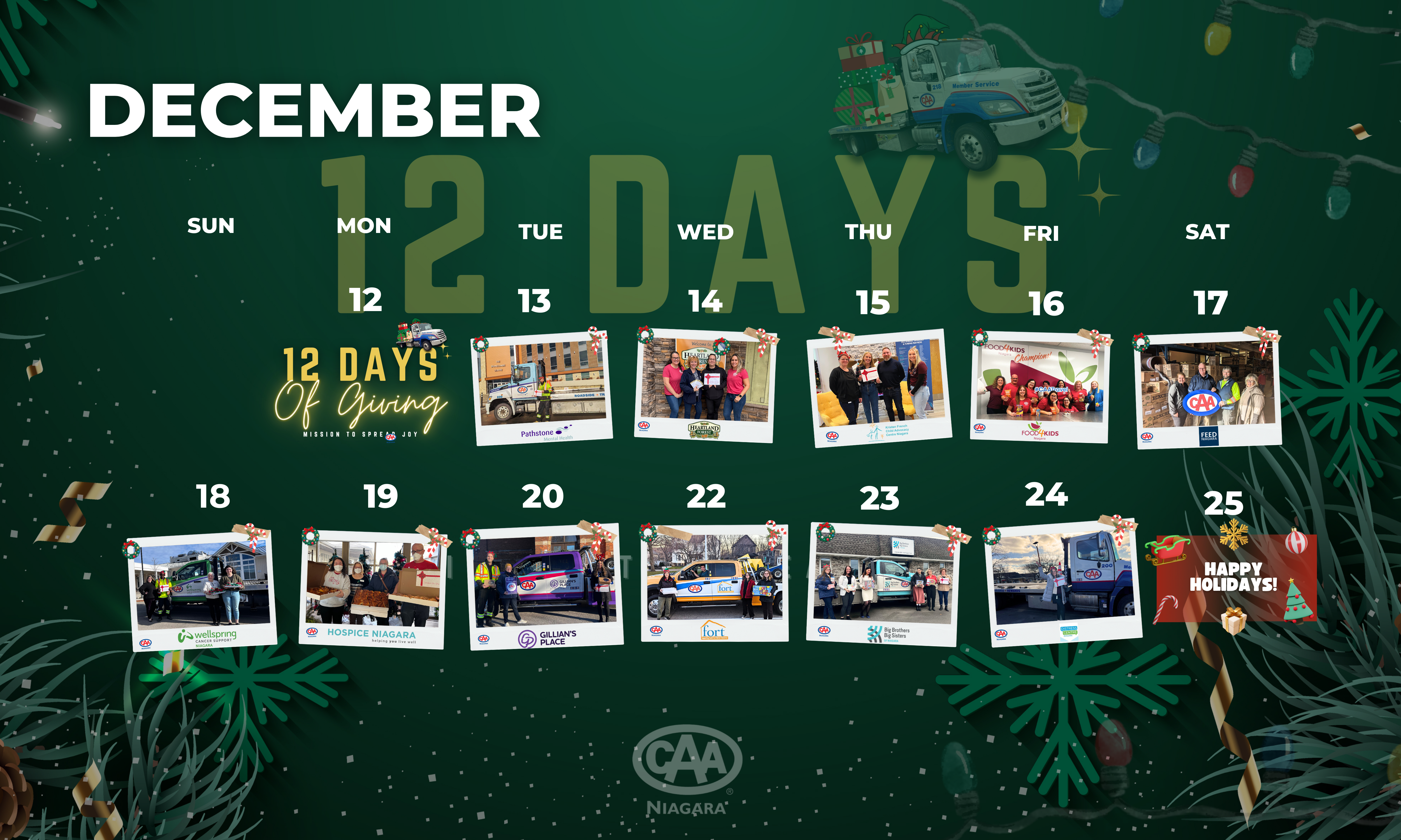 Calendar with an image of each 12 days delivery under each day from December 12-24.